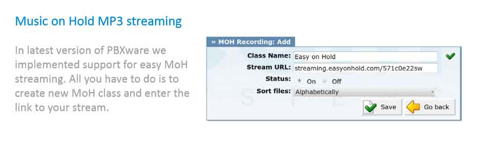 Bicom Systems PBXware Music on Hold class with Easy On Hold Stream URL
