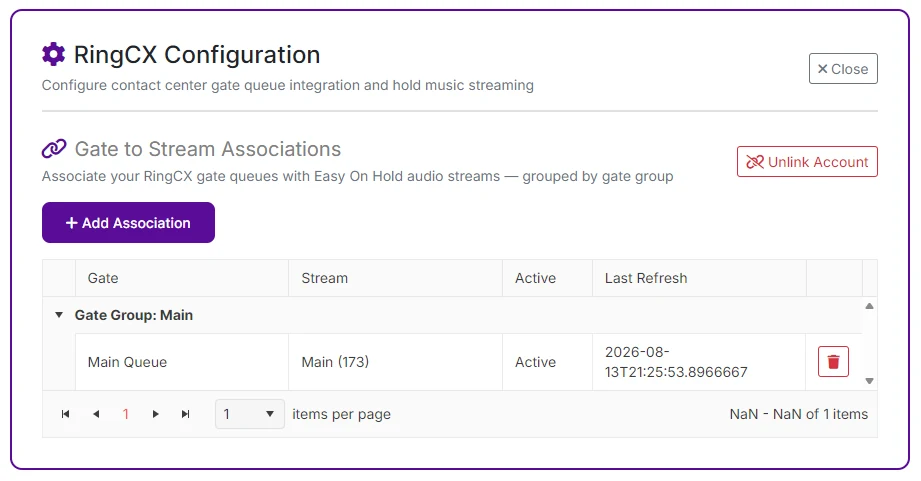 Easy On Hold RingCX configuration screen showing a Main Queue associated with a Main audio playlist