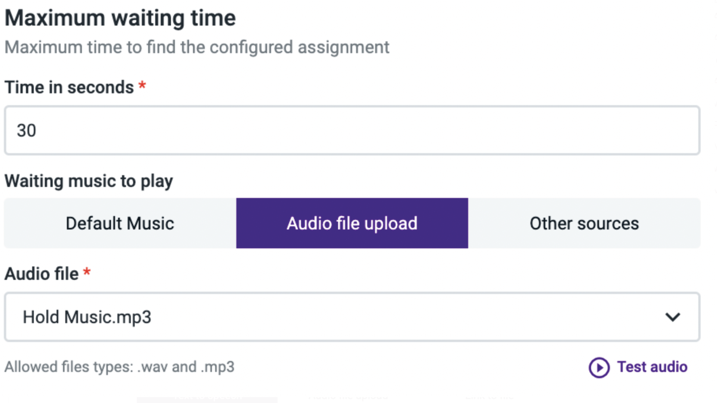 Talkdesk queue preferences showing Waiting music to play set to Use prompts