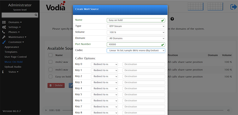 Vodia Create MoH Source dialog set to RTP Stream for Easy On Hold music on hold